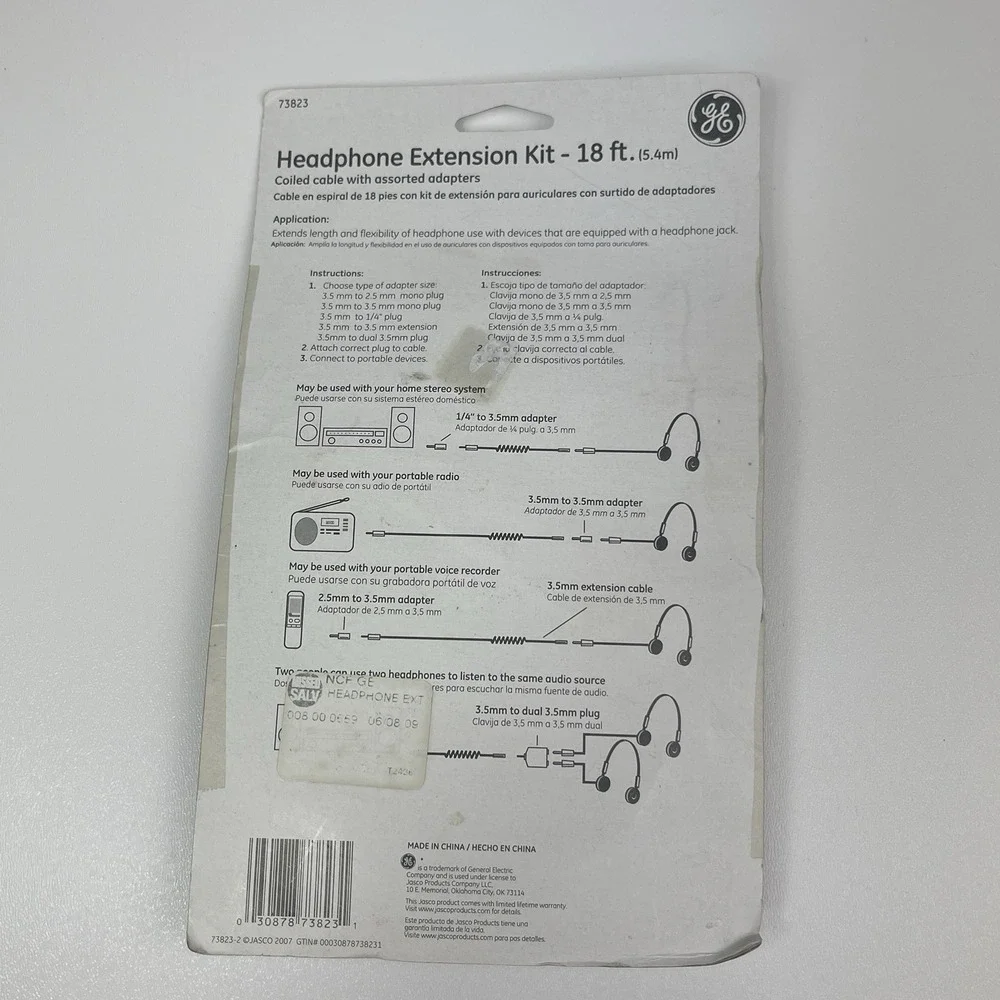 GE Headphone Extension Kit Cable Adapters 18 Feet Unopened In Package